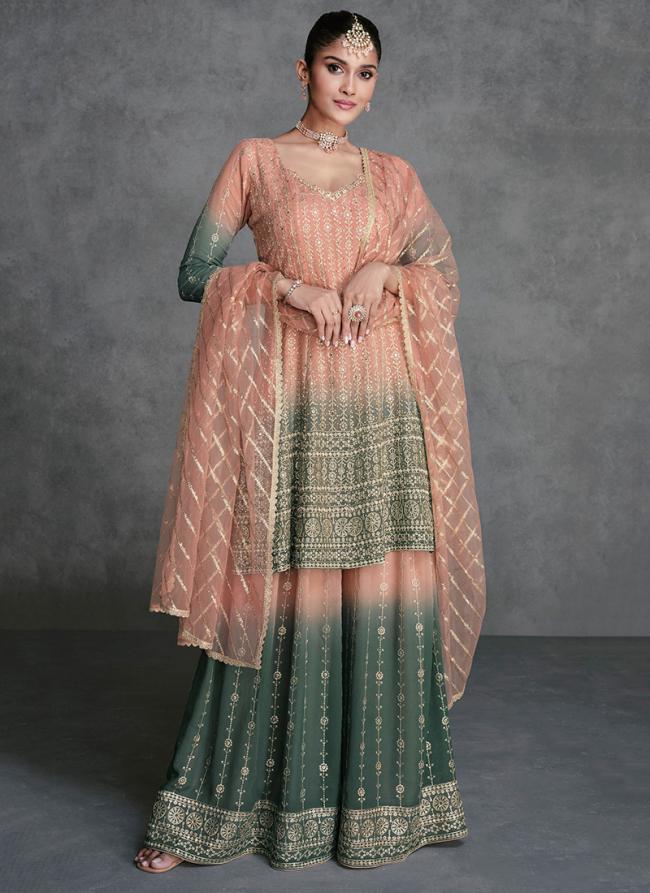 Real Georgette Peach Green Wedding Wear Embroidery Work Readymade Plazzo Suit